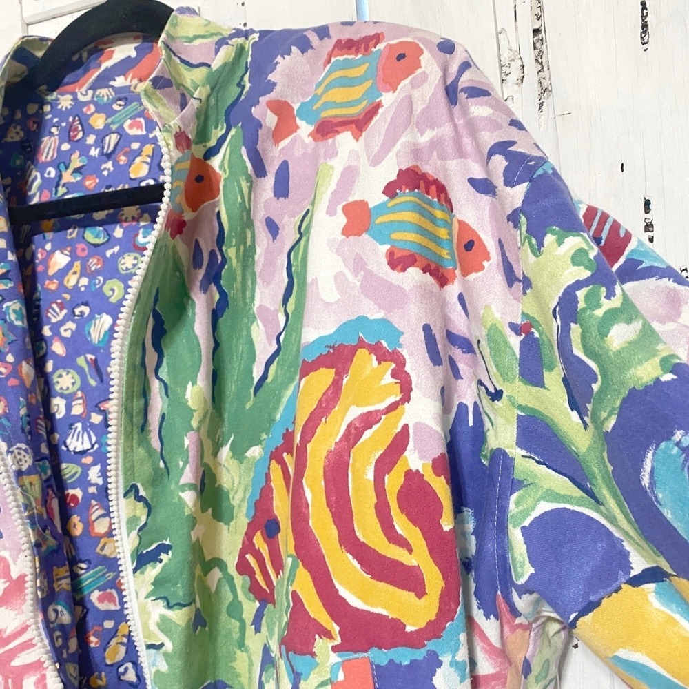 VTG 80s Reversible Bomber Jacket Ocean Themed Size Large Vibrant Rare EUC USA - Picture 13 of 15